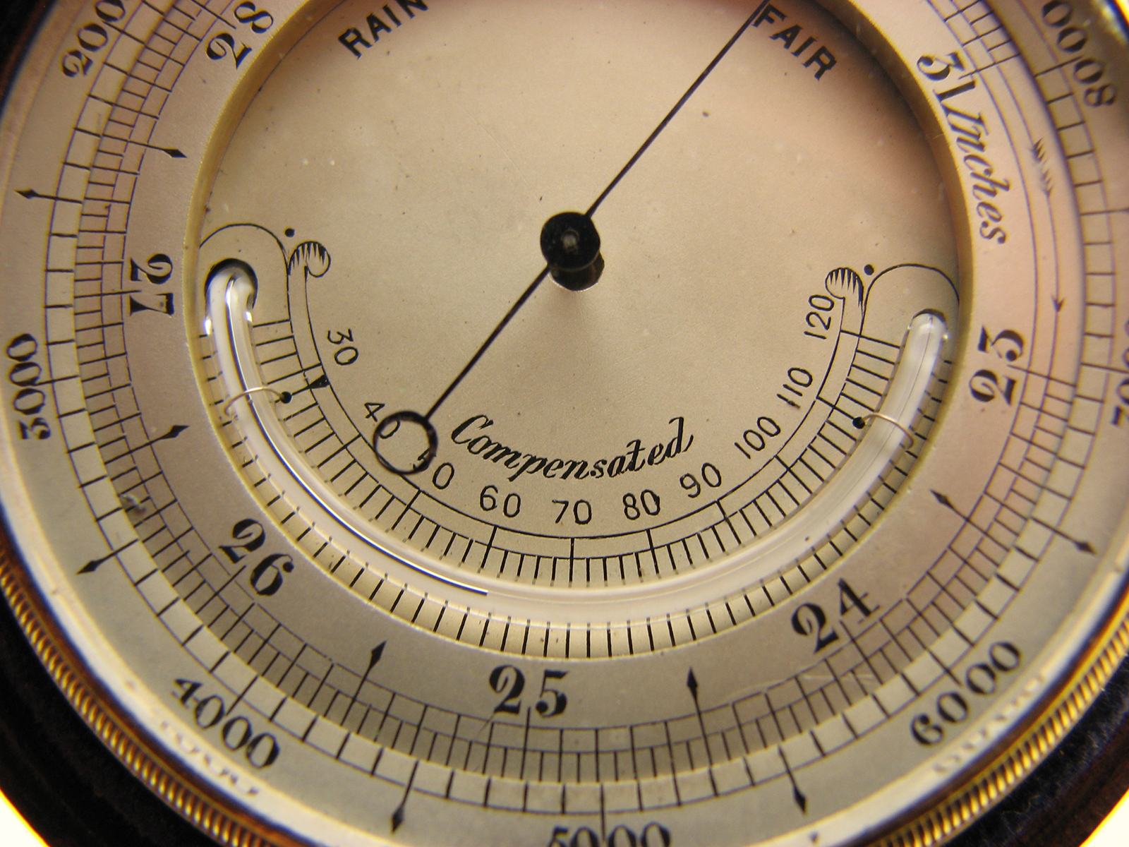 Late 19th century pocket barometer with curved thermometer in outer case